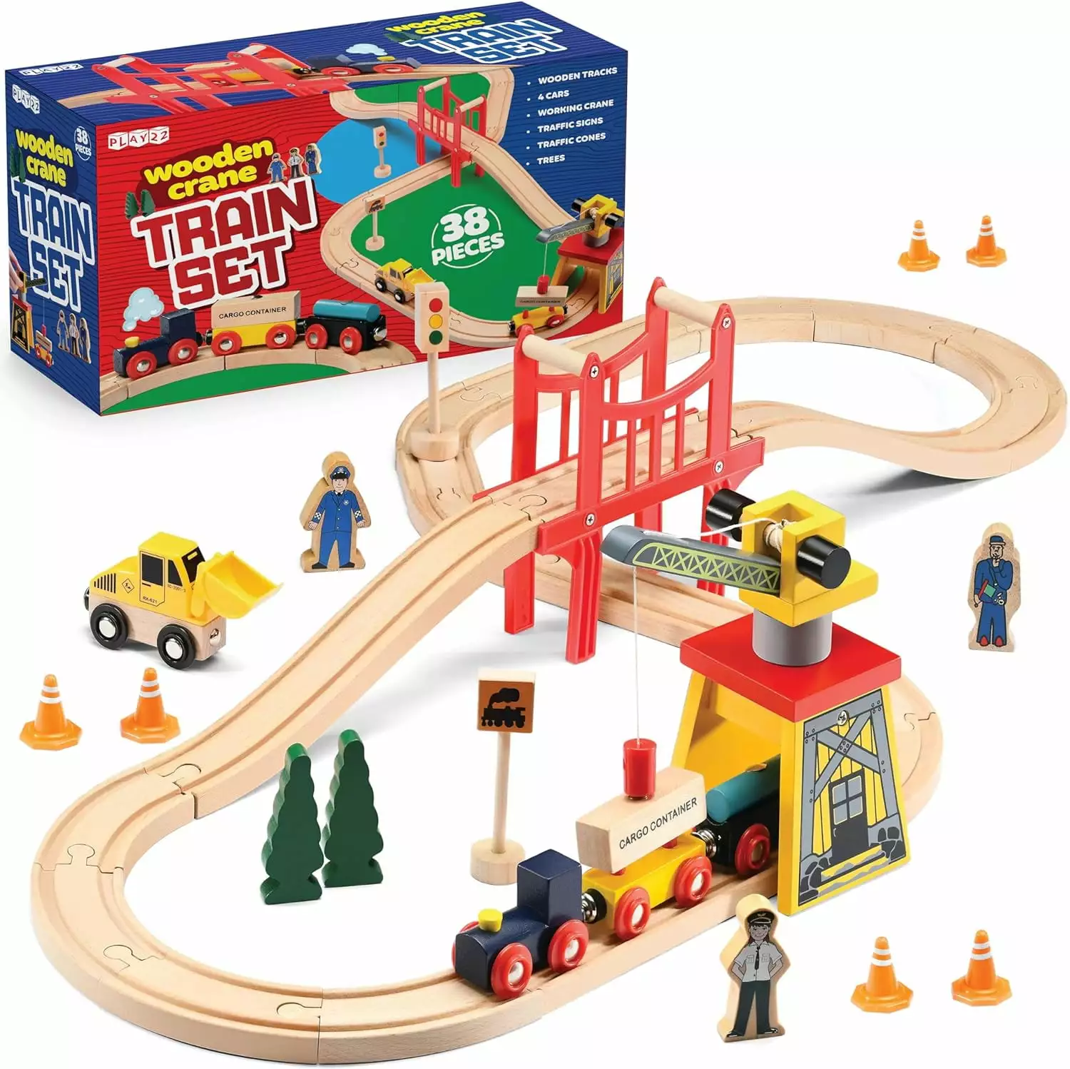 Wooden Train Set Toddler Toys - 38 Pcs Wood Train Track Set for Toddlers 2-4 Years with Crane. Bridge & Accessories - Compatible with All Major Brands Play22