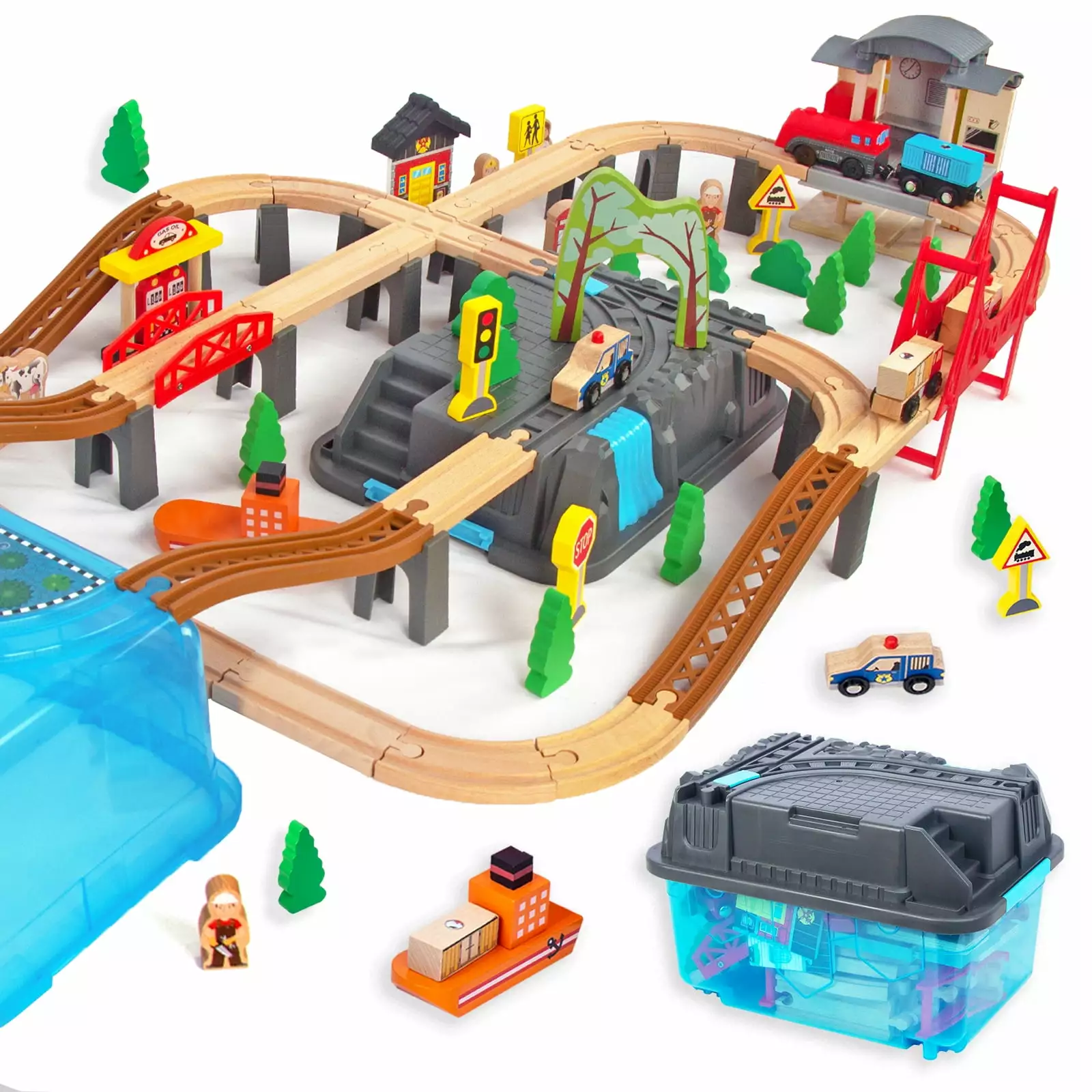 WoodenEdu 100Pcs Wooden Train Set for 3 Year Old Boys. Double-Side Train Set Tracks with Bridge Train Station & Storage Box. Fits Brio. Thomas. Melissa and Doug. Kids Gift Toys for Boy 3-7