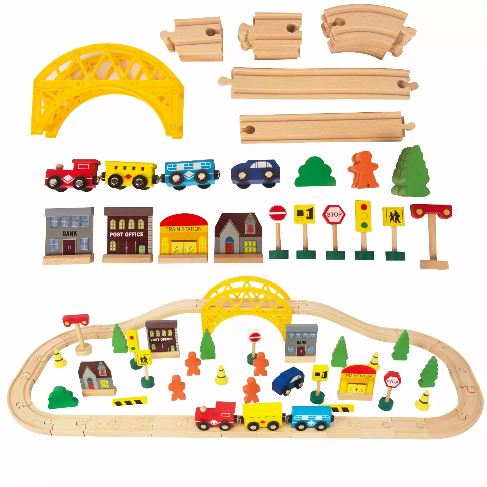 WoodenEdu 60Pcs Train Set for 3 Year Old Boys. Double-Side Wooden Train Set Tracks for Toddlers. Fits Brio. Thomas. Melissa and Doug. Kids Wood Train Toys for 3 4 5 Year Old Boys and Girls