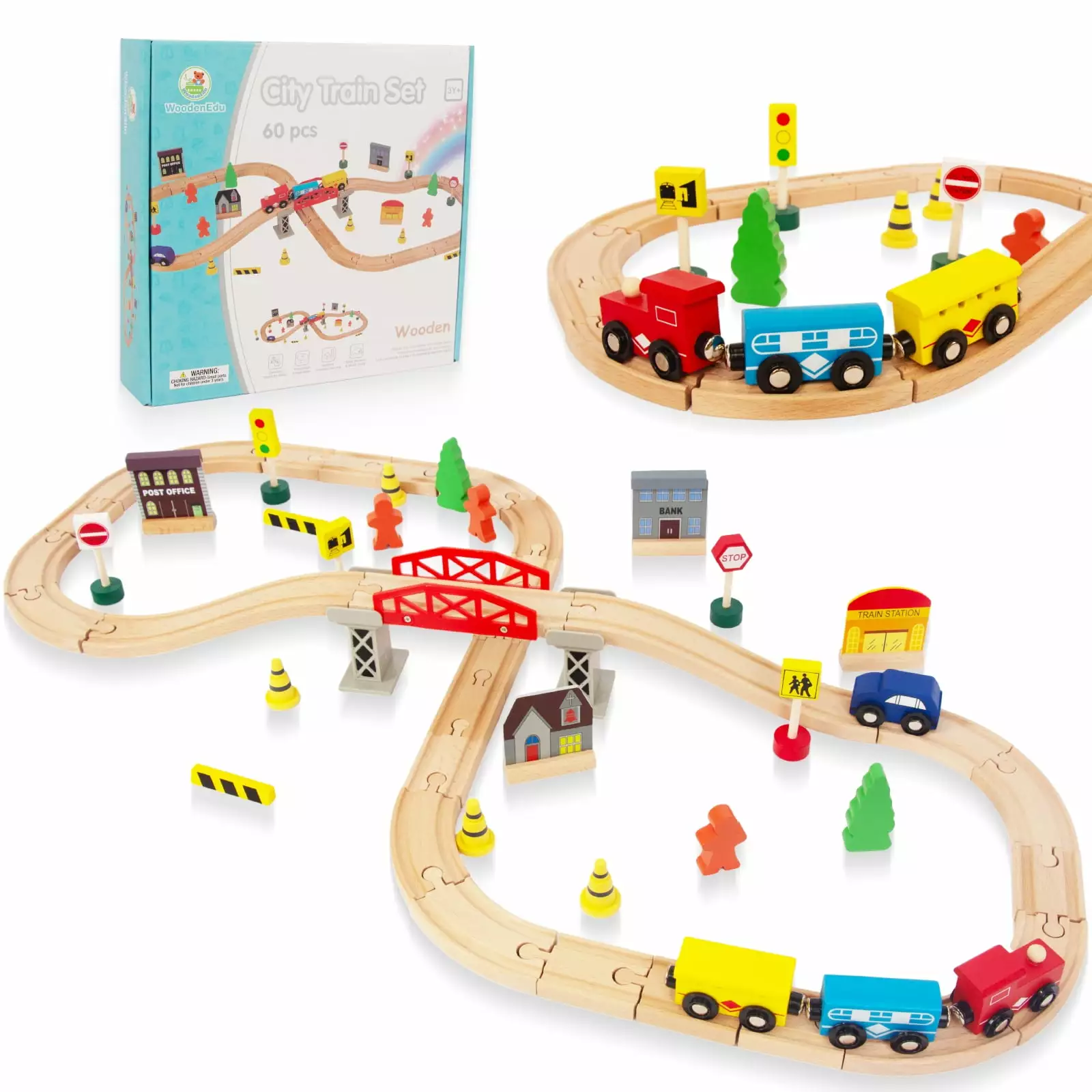 WoodenEdu 60Pcs Train Set for Toddlers. Bridge & Double-Side Wood Train Set Tracks Thomas