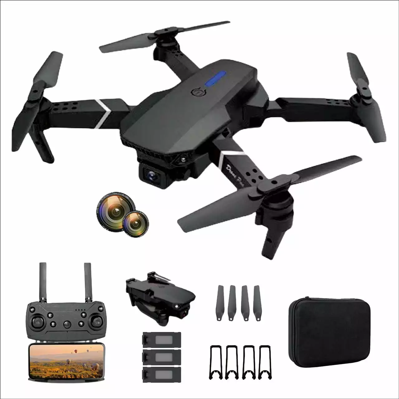 Xitz E88 Drone with HD Dual Camera 3 Batteries Headless Mode One Key Landing RC UAV Black