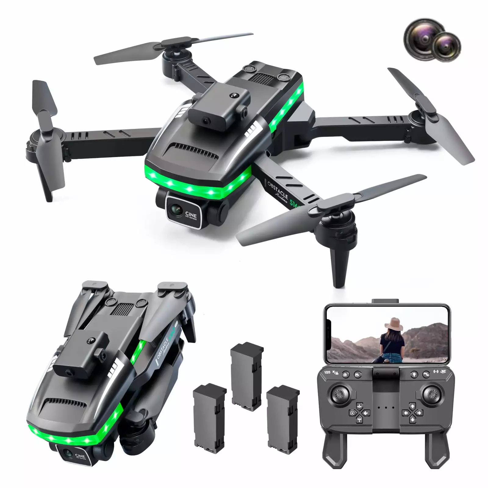 Xitz S162 Drone with 3 Batteries.Obstacle Avoidance.RC Quadcopter for Beginners. Black