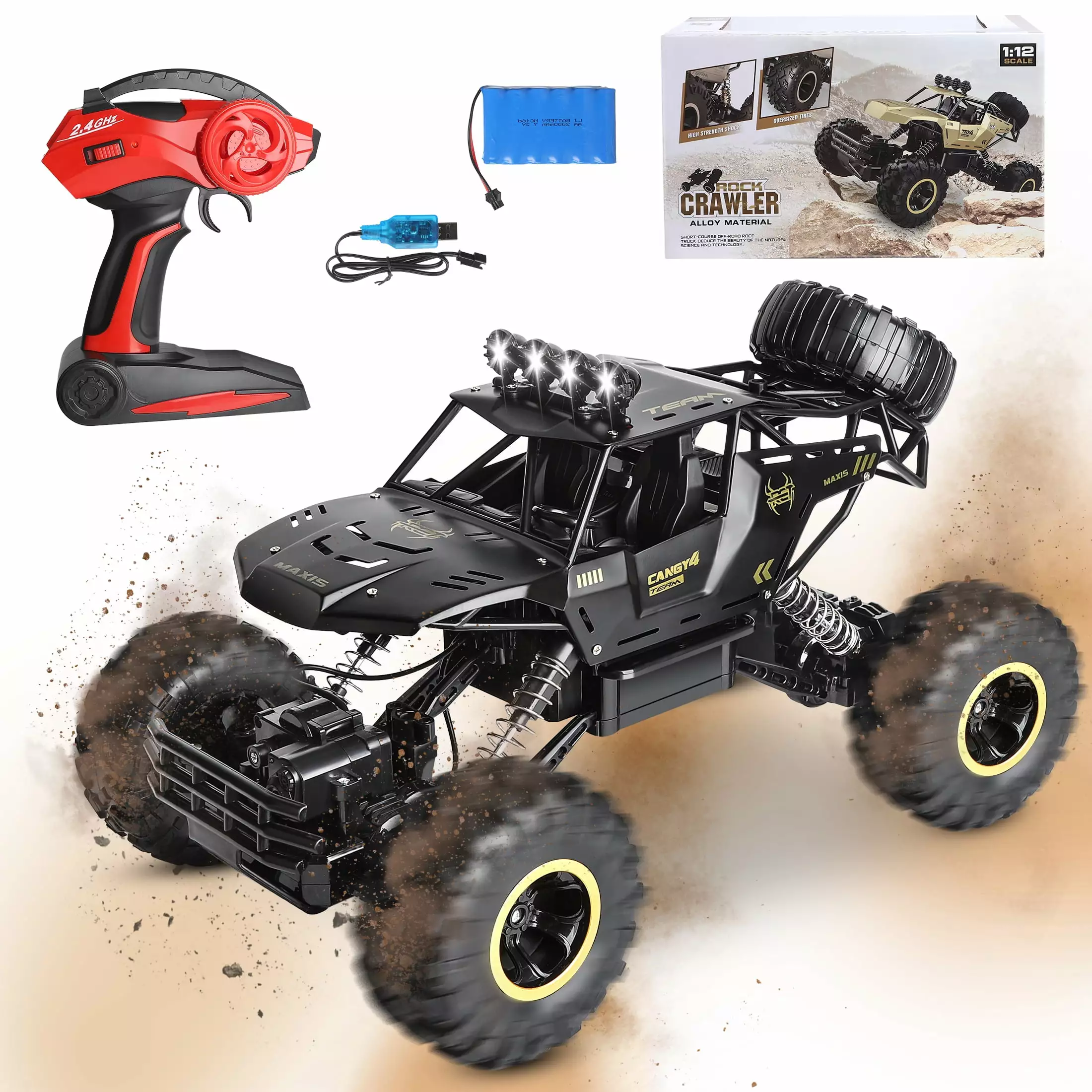 1:12 Scale RC Cars for Adults. All Terrain off-Road Remote Control Truck 48KM/H. High Speed 4WD RC Vehicle with 60 Min Runtime. 2 Batteries LED Lights Gifts Toys for Kids