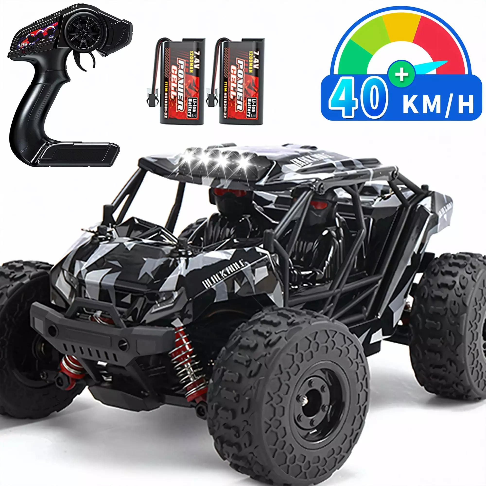 Yexmas RC Car 1:16 Remote Control Car. RC Monster Truck 40+km/h 4WD RC Truck with Lights. 2 Batteries Gifts Toys for Kids and Adults