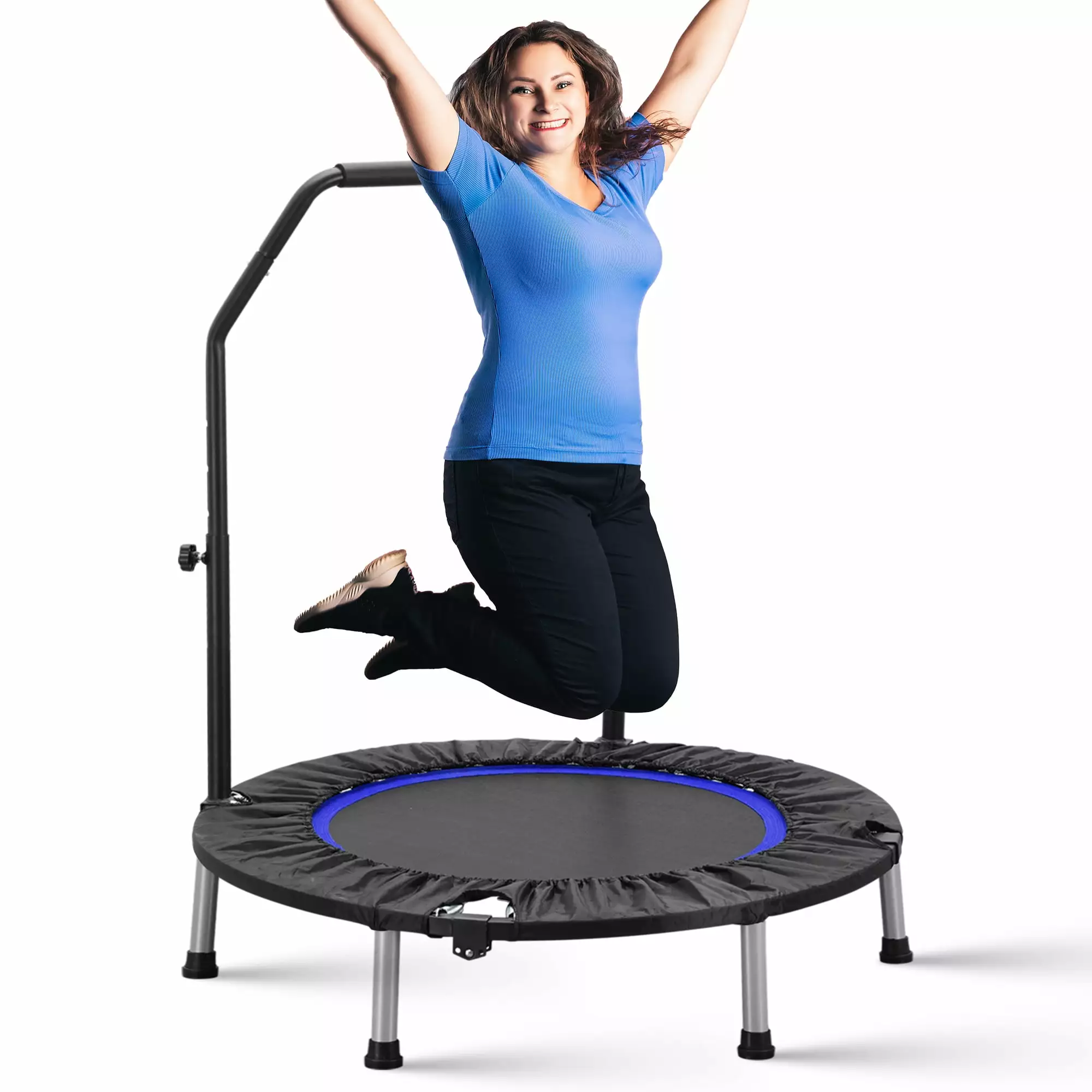 ZENOVA 40 Mini Trampoline for Adults and Kids Fitness. Indoor Trampoline Rebounder with Adjustable Foam Handle for Bounce Workout Max Load 330lbs. Blue and Black