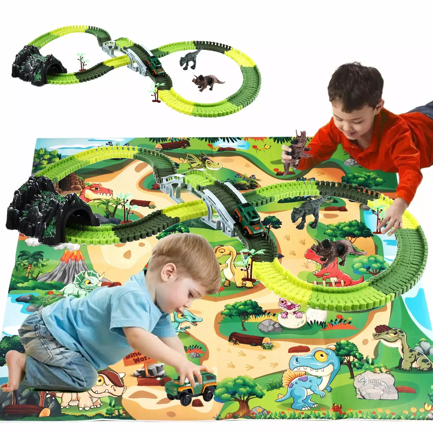 Zacro Dinosaur Toys Race Car Track Set. 240pcs Flexible Track Playset with Play Mat for Kids Toddler Boys Girls Gift Ages 3 4 5 6 7 8 Year Olds