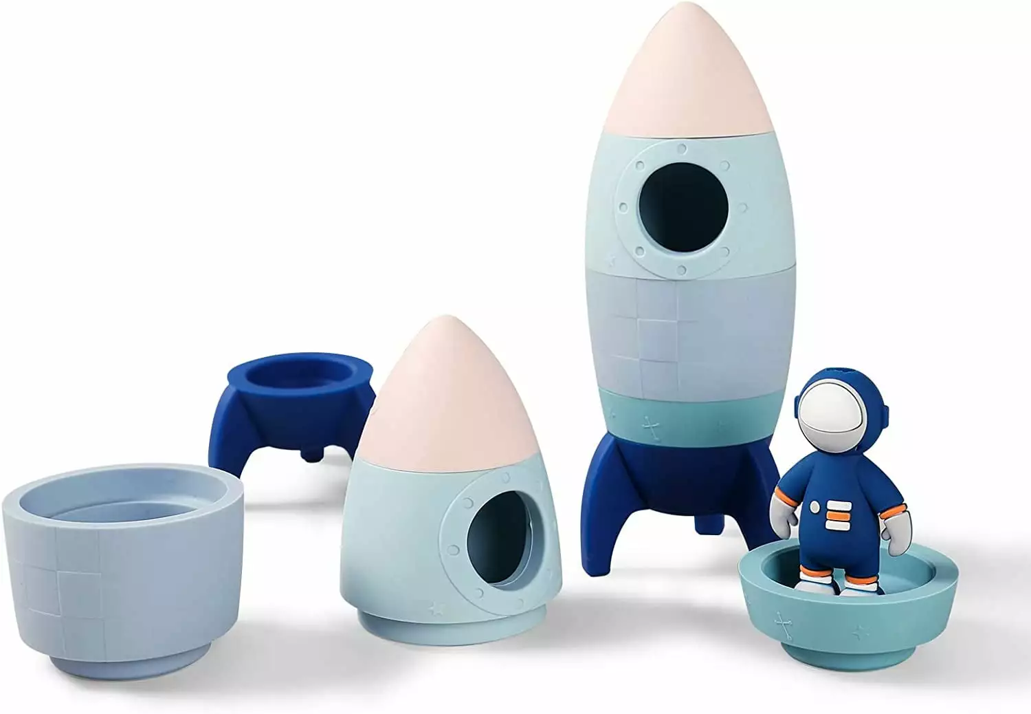 Silicone Rocket Stacking Toys for Toddlers with Kid's U-Shaped Toothbrush Silicone Stacking Rings Baby Toy Stacking Cups for Babies Montessori Toys (Cartoon Astronaut Toothbrush)