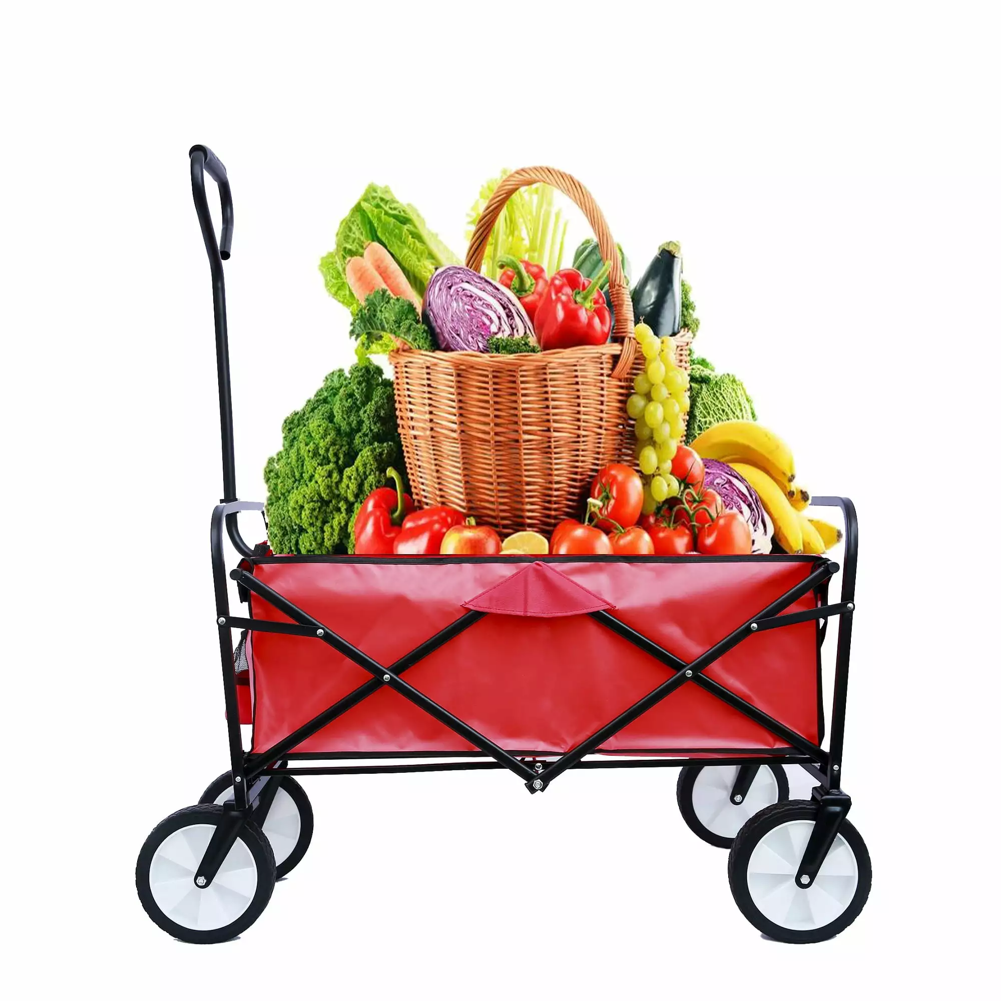 XGeek Folding Wagon Garden Shopping Beach Cart. Collapsible Folding Wagon with Straps Utility Cart. Red