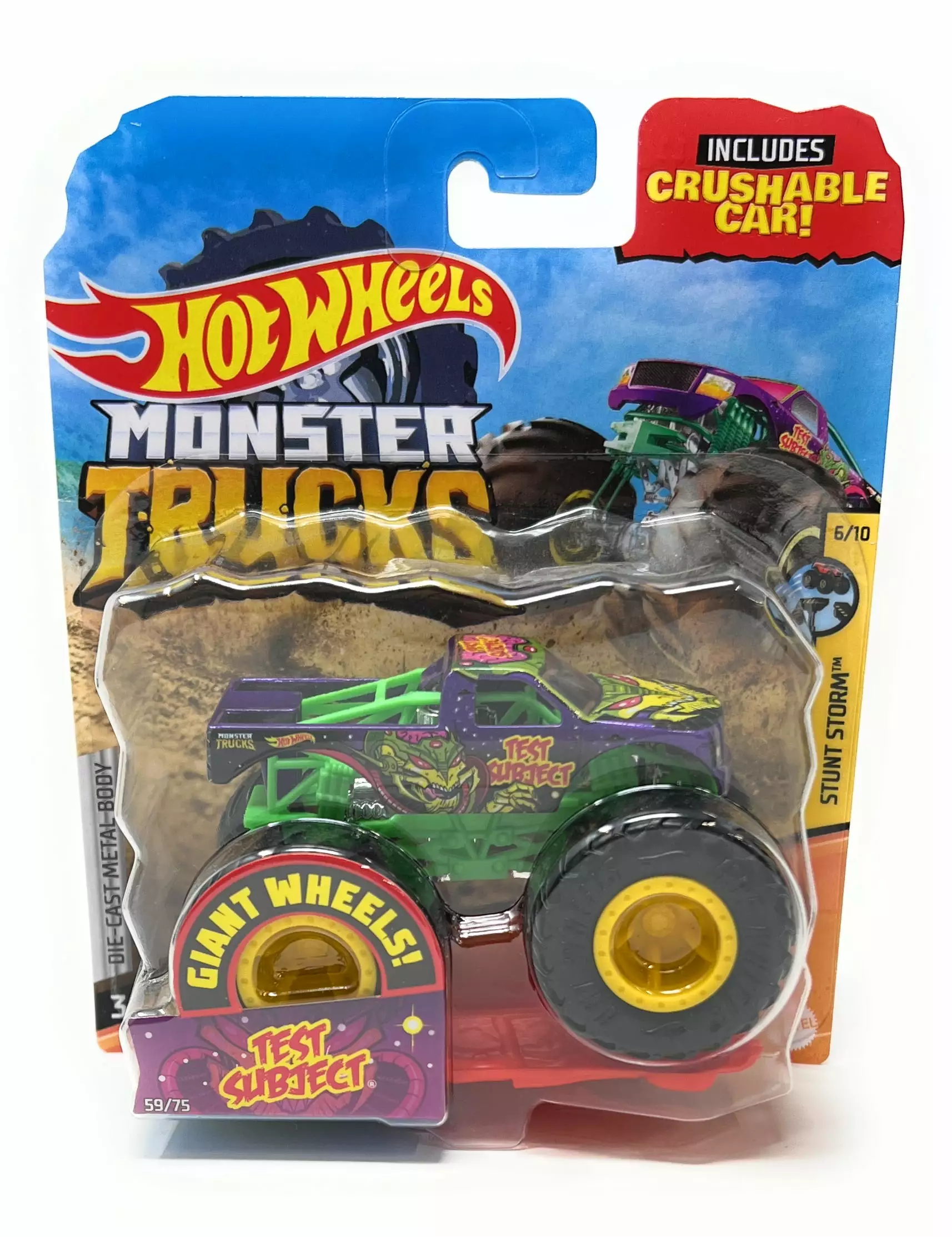 Hot Wheels Monster Truck Test Subject Stunt Storm 6/10 1:64 Scale Die-Cast includes Cushable Car for Kids age 3 - 8 Years Old. Collectible Toy Truck with BIG Wheels for Crashing and Smashing