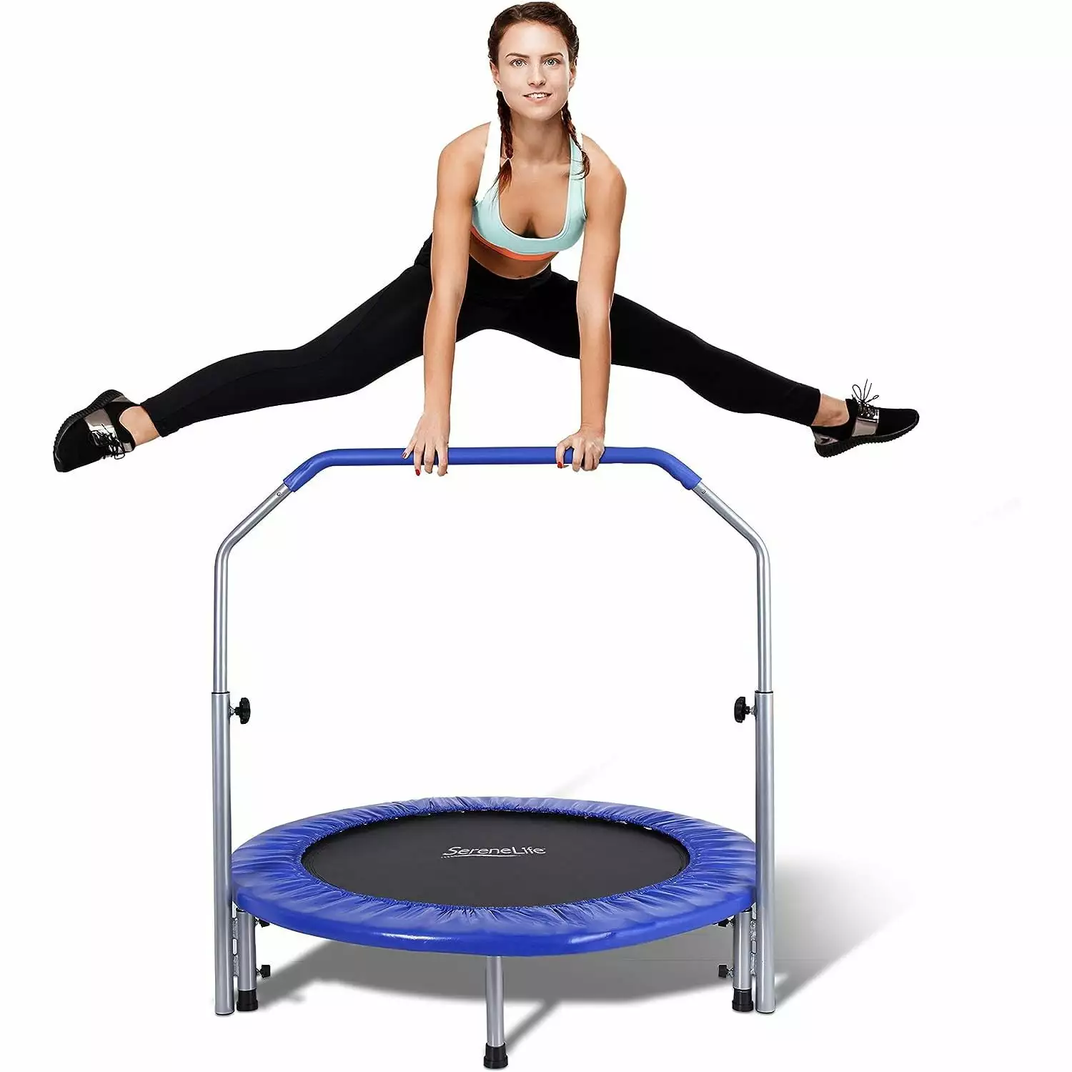 HetayC Portable & Foldable Trampoline - 40 in-Home Mini Rebounder with Adjustable Handrail. Fitness Body Exercise - SLSPT409 . Blue