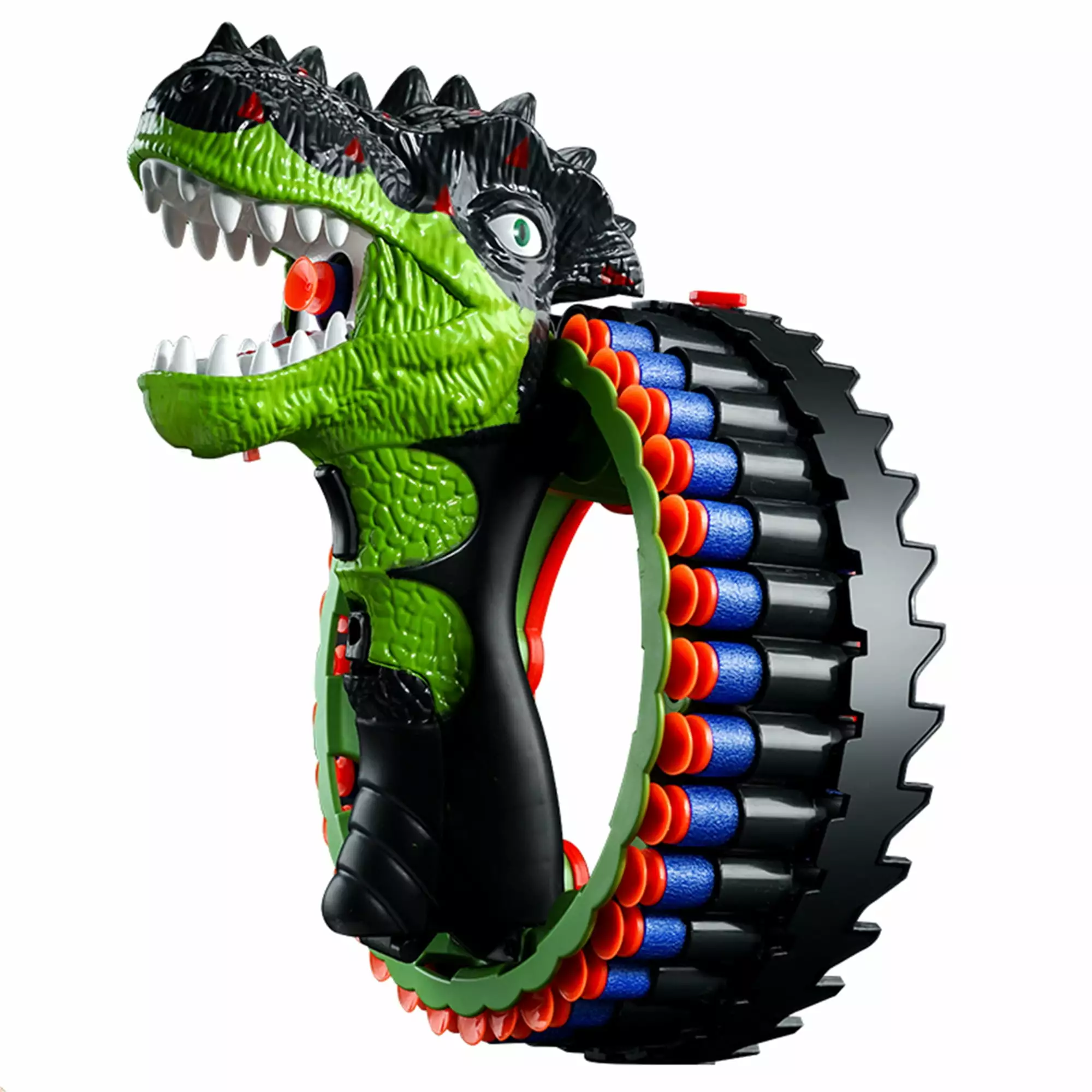 Dinosaur Shooting Game Gun Toy with 34 Soft EVA Dart Bullets Dino Rotating Blaster Wristband Rechargeable Bracelet for Kids. Teens. Adults (Green)