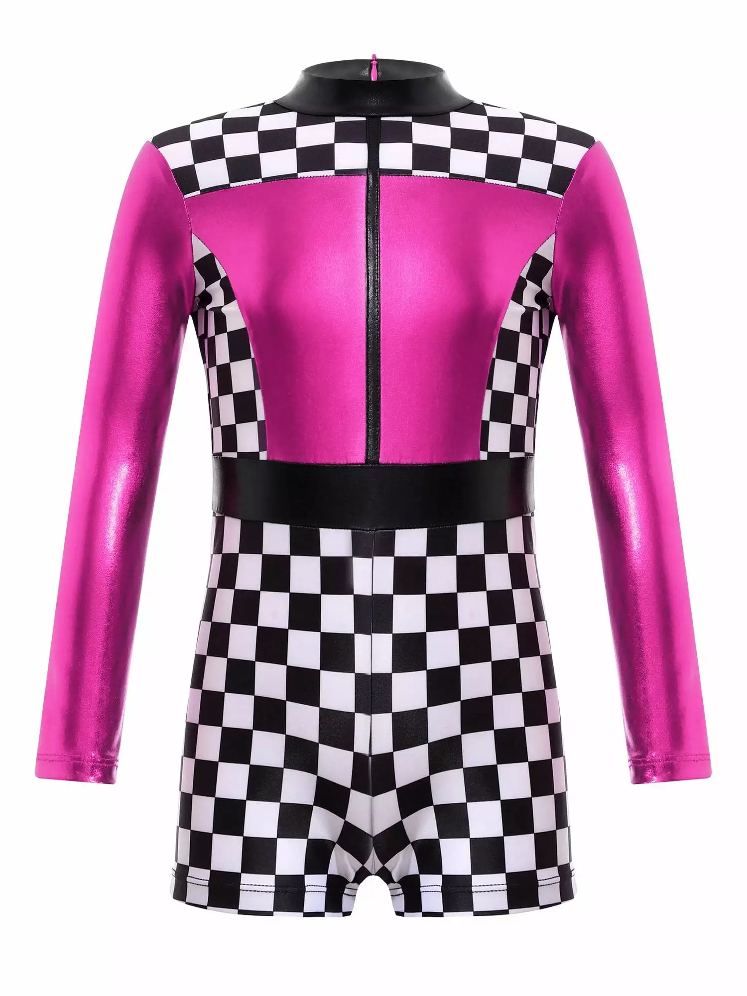 iEFiEL Kids Girls Race Car Driver Costume Checkerboard Print Long Jumpsuit Racing Cosplay Outfit Halloween Dress Up Hot Pink 4