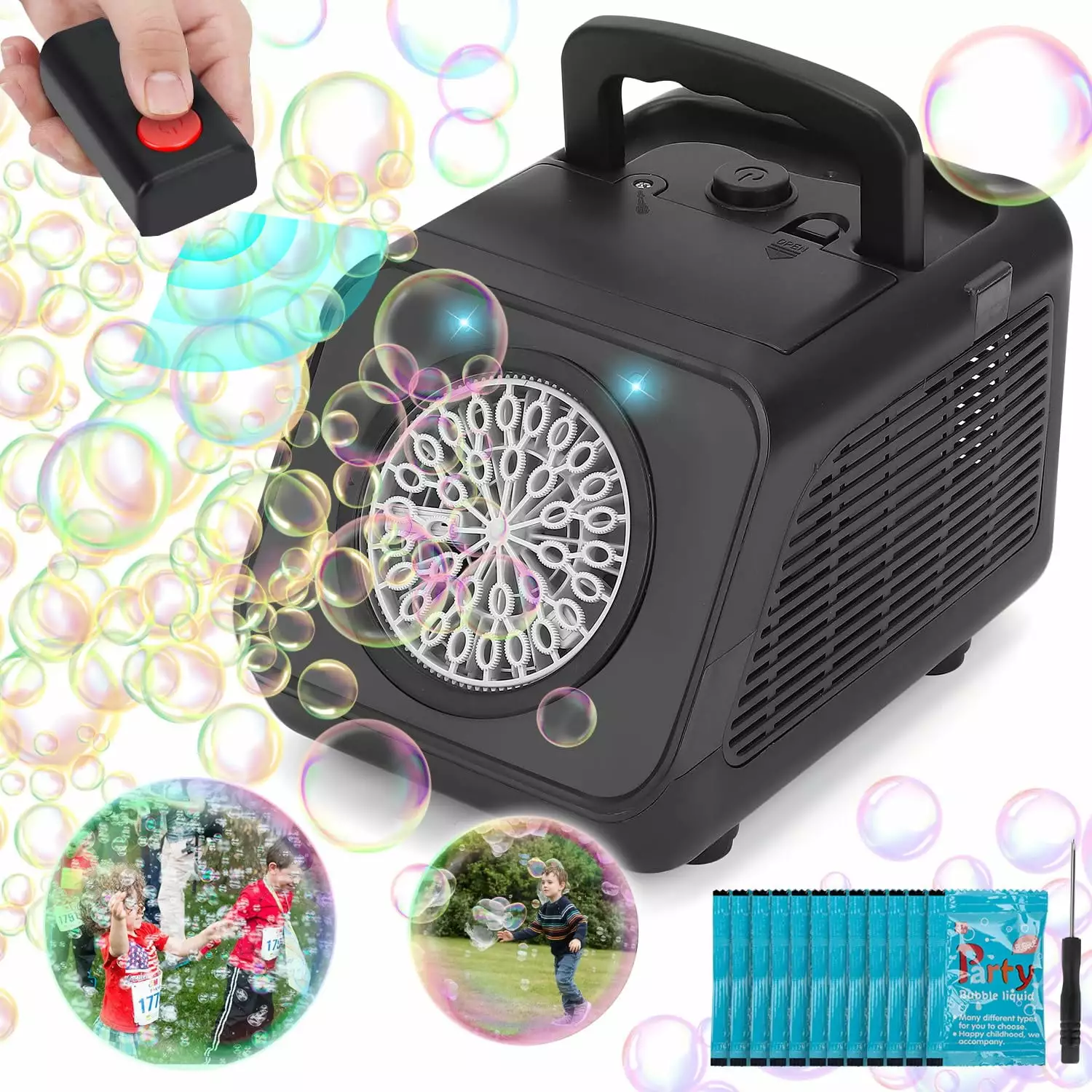 iTOYiFUN Bubble Machine with Remote Control. 2 Speed Levels. 18000+ Bubbles/Minute. Portable Automatic Bubble Maker Blower with Refill Solution for Kids. Outdoor/Indoor Toys